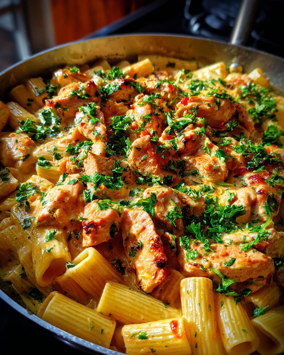 creamy garlic butter chicken and rigatoni in parmesan sauce - detail 1