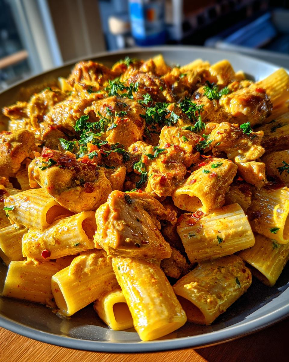creamy garlic butter chicken and rigatoni in parmesan sauce - detail 2