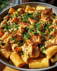 creamy garlic butter chicken and rigatoni in parmesan sauce
