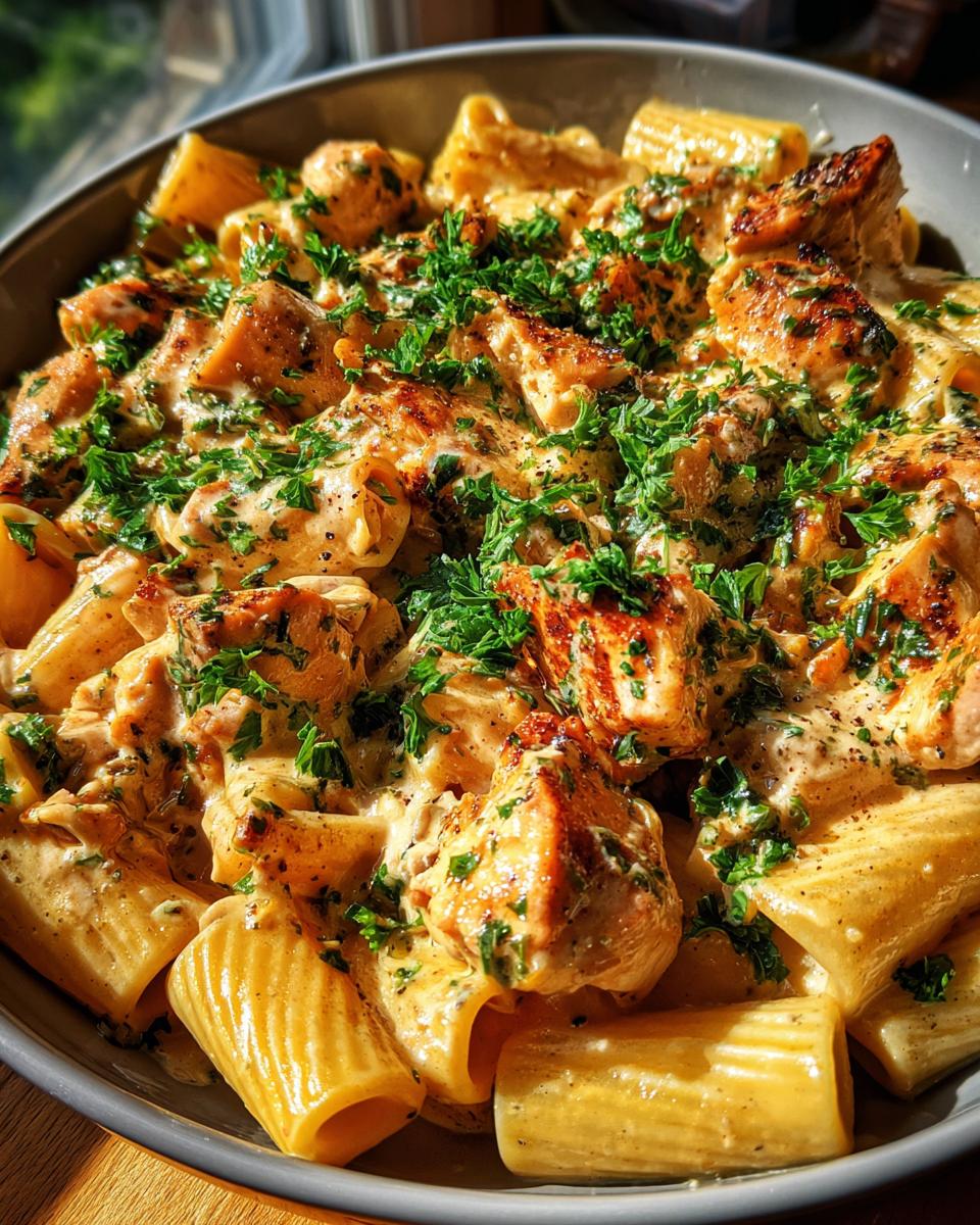 creamy garlic butter chicken and rigatoni in parmesan sauce