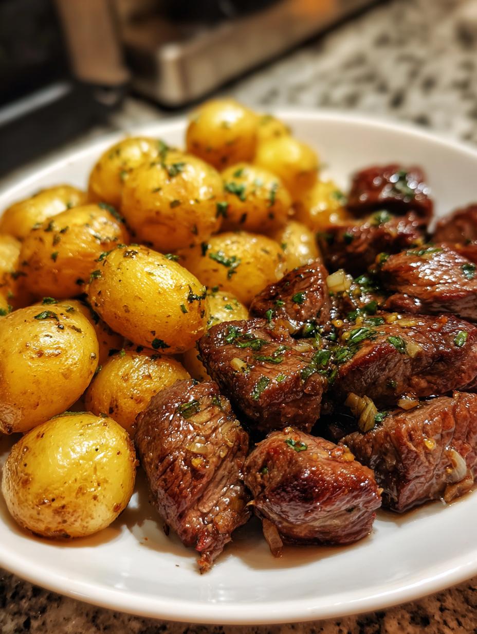 butter steak bites with garlic herb potatoes