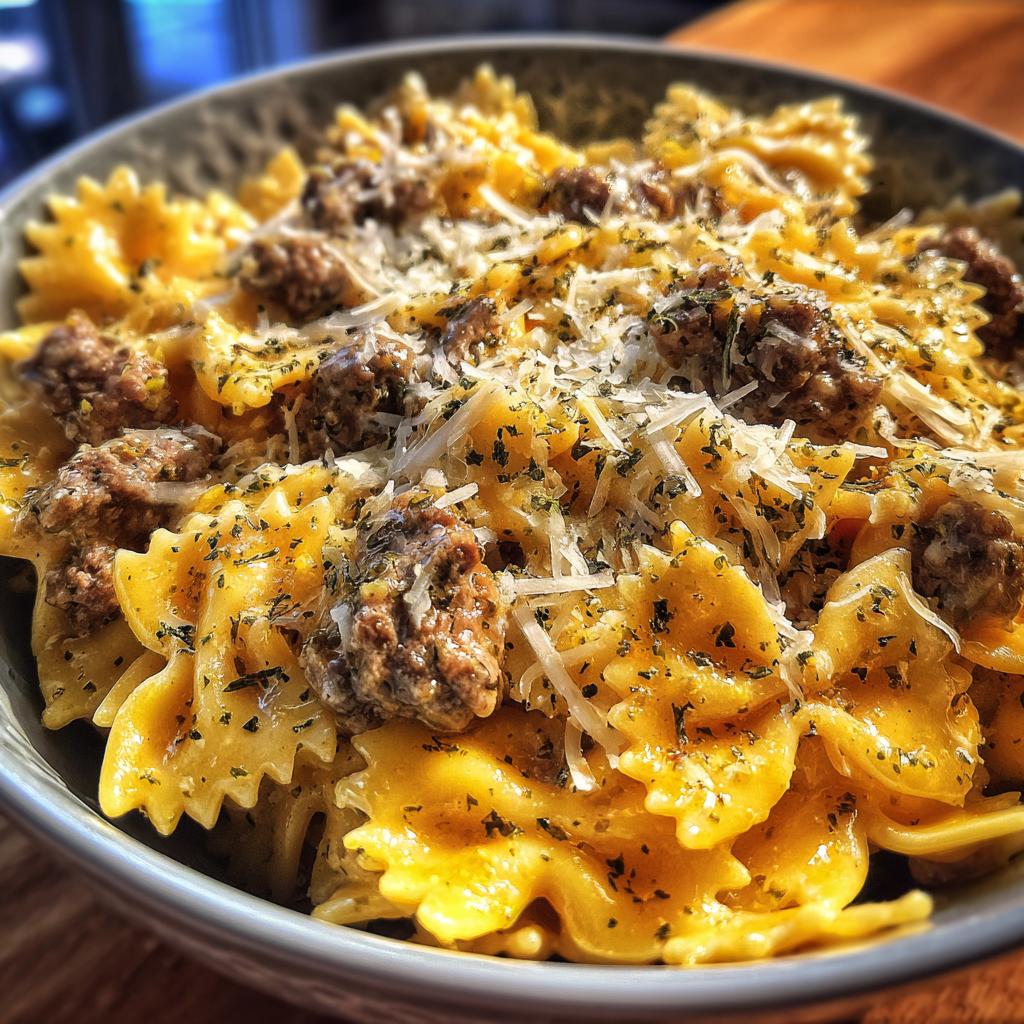 cheesy beef and bowtie pasta in garlic butter - detail 1