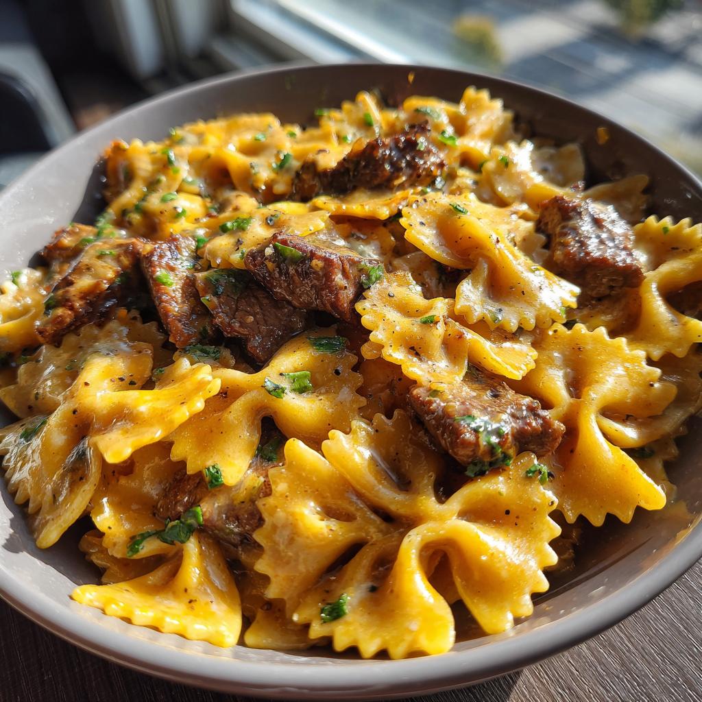 cheesy beef and bowtie pasta in garlic butter