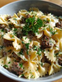 creamy beef and bowtie pasta
