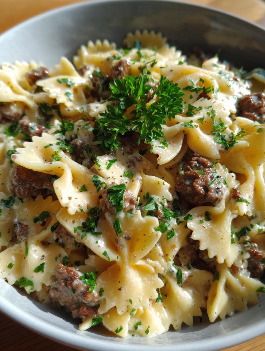 creamy beef and bowtie pasta