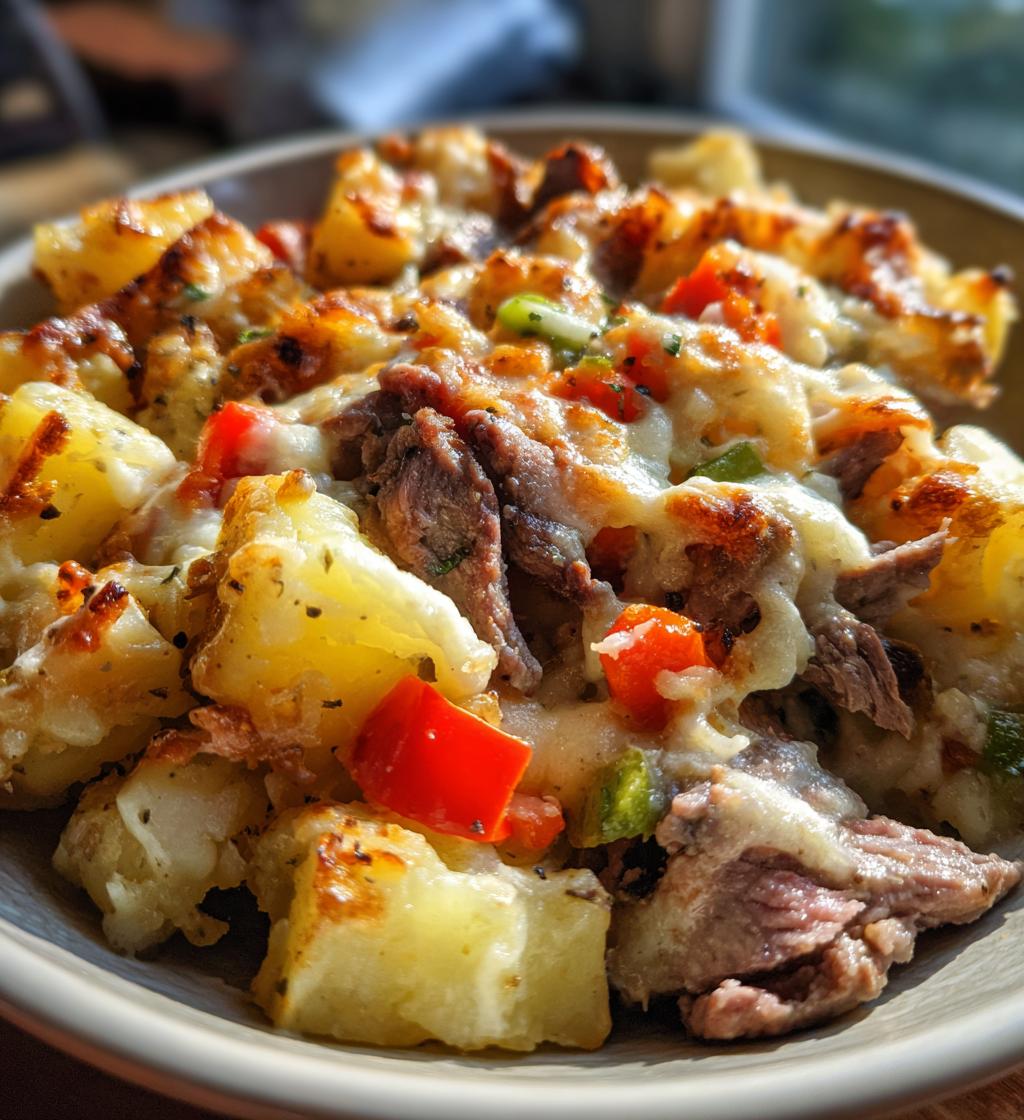 crockpot cheesesteak potato casserole - detail 1