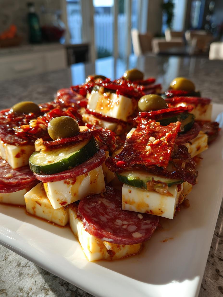 easy marinated cheese appetizer with salami pickles