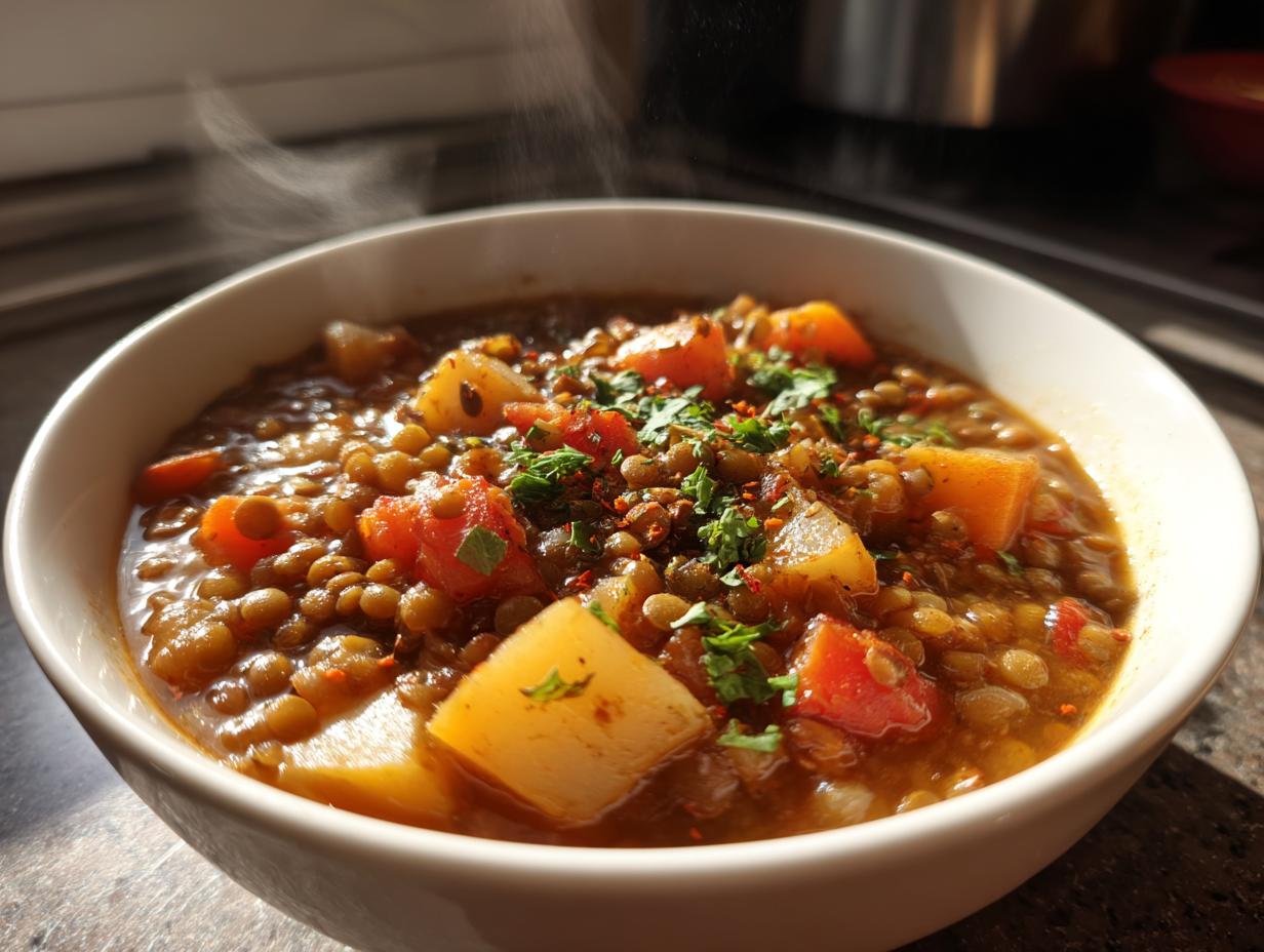 hearty lentil and potato soup - detail 1