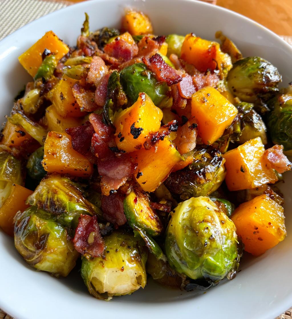 maple glazed brussels sprouts and butternut squash with bacon - detail 1
