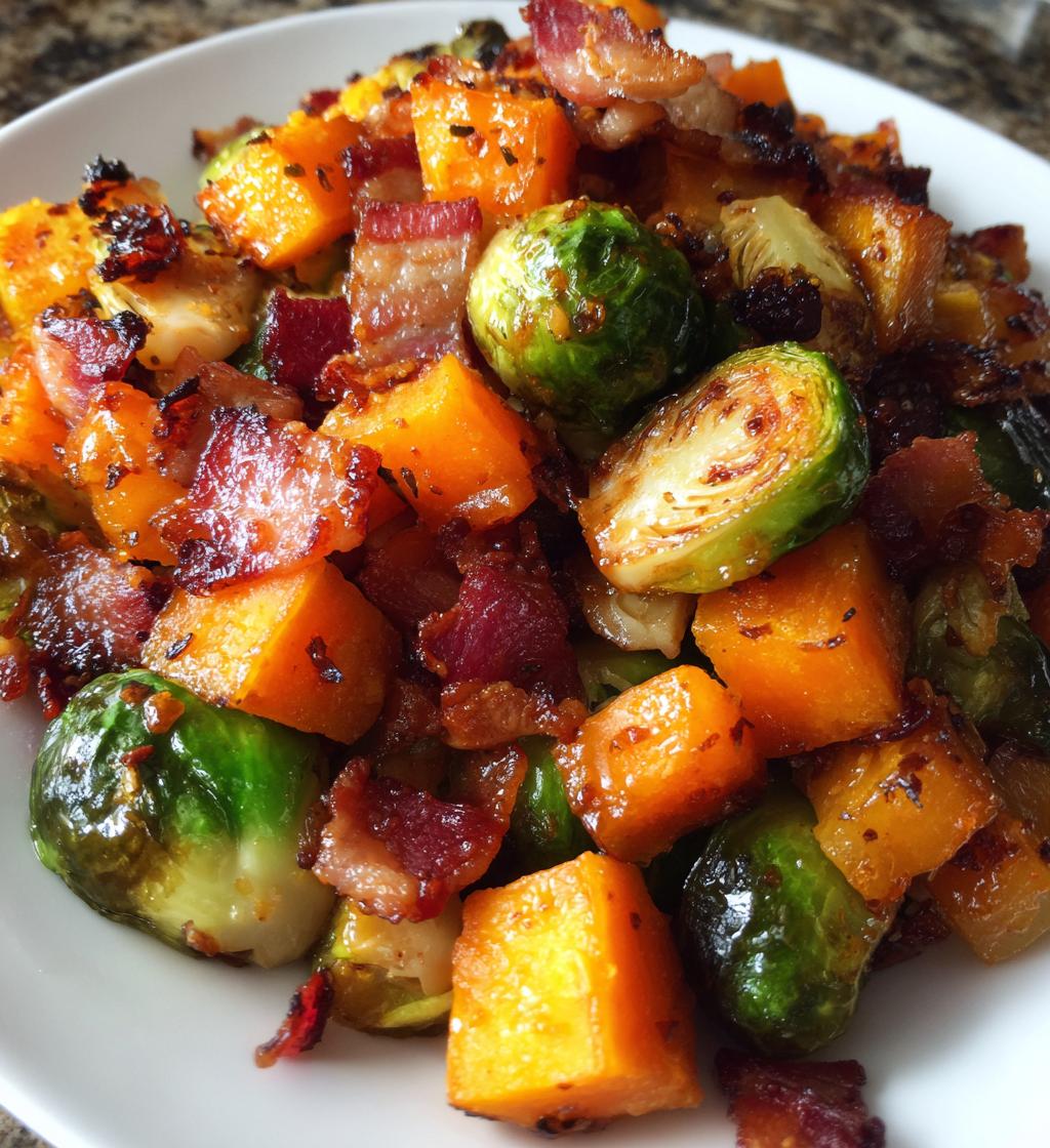 maple glazed brussels sprouts and butternut squash with bacon