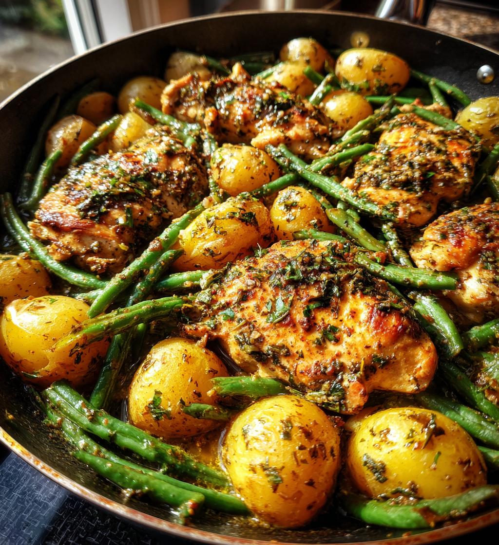 one pan garlic herb chicken with potatoes green beans - detail 1