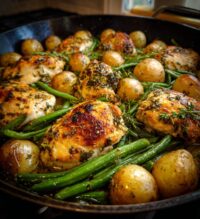 one pan garlic herb chicken with potatoes green beans
