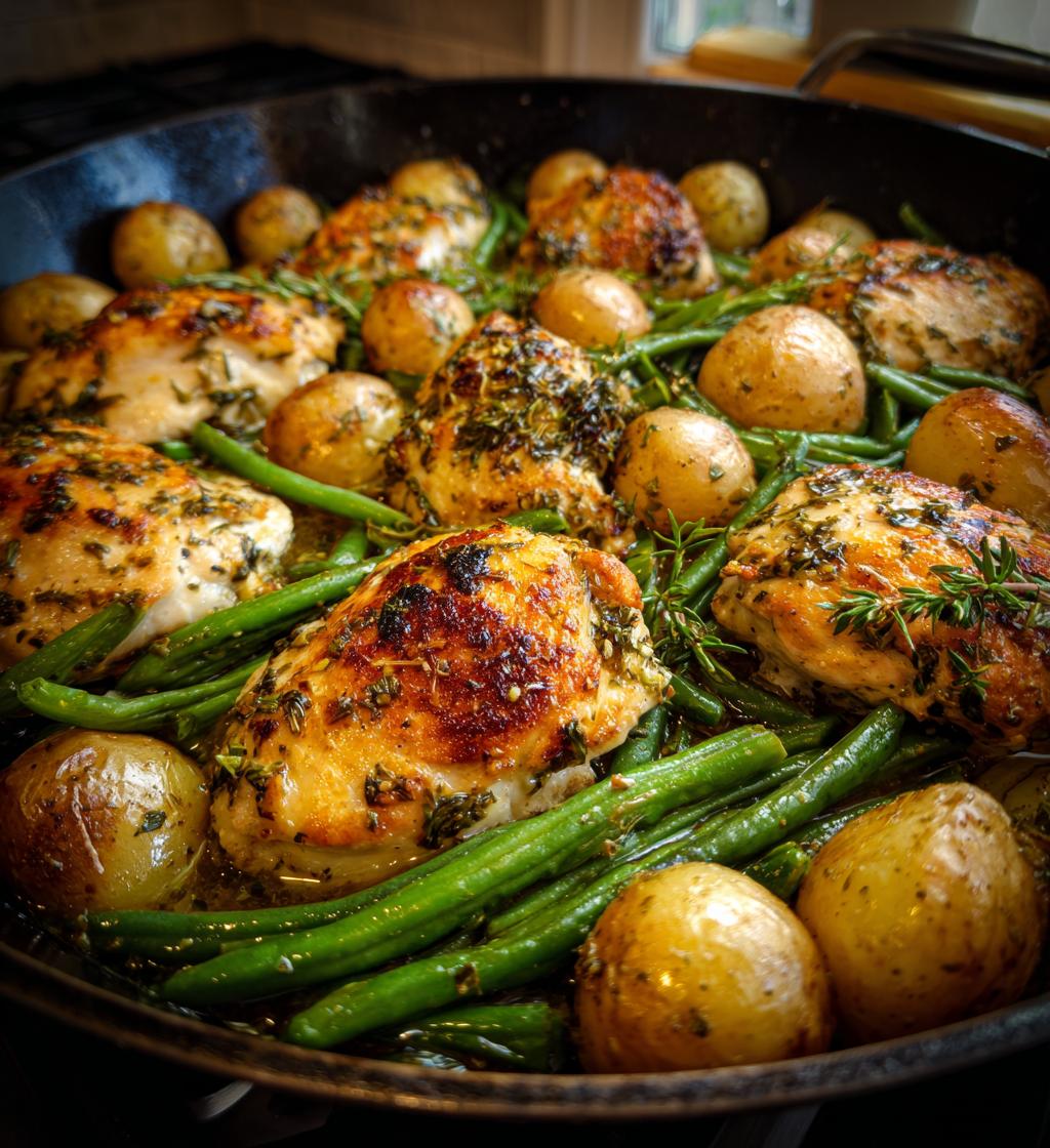 one pan garlic herb chicken with potatoes green beans