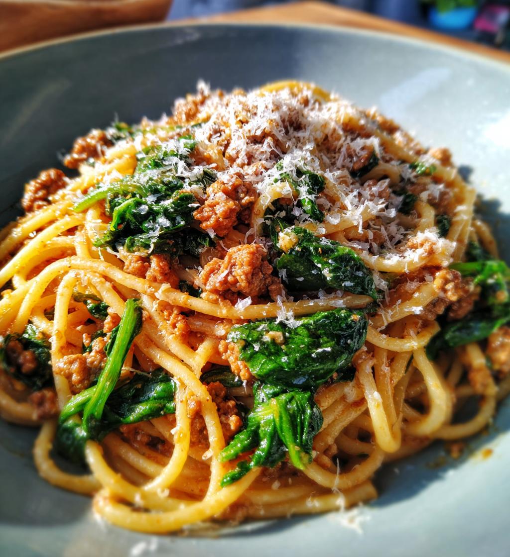 quick beef mince and spinach pasta
