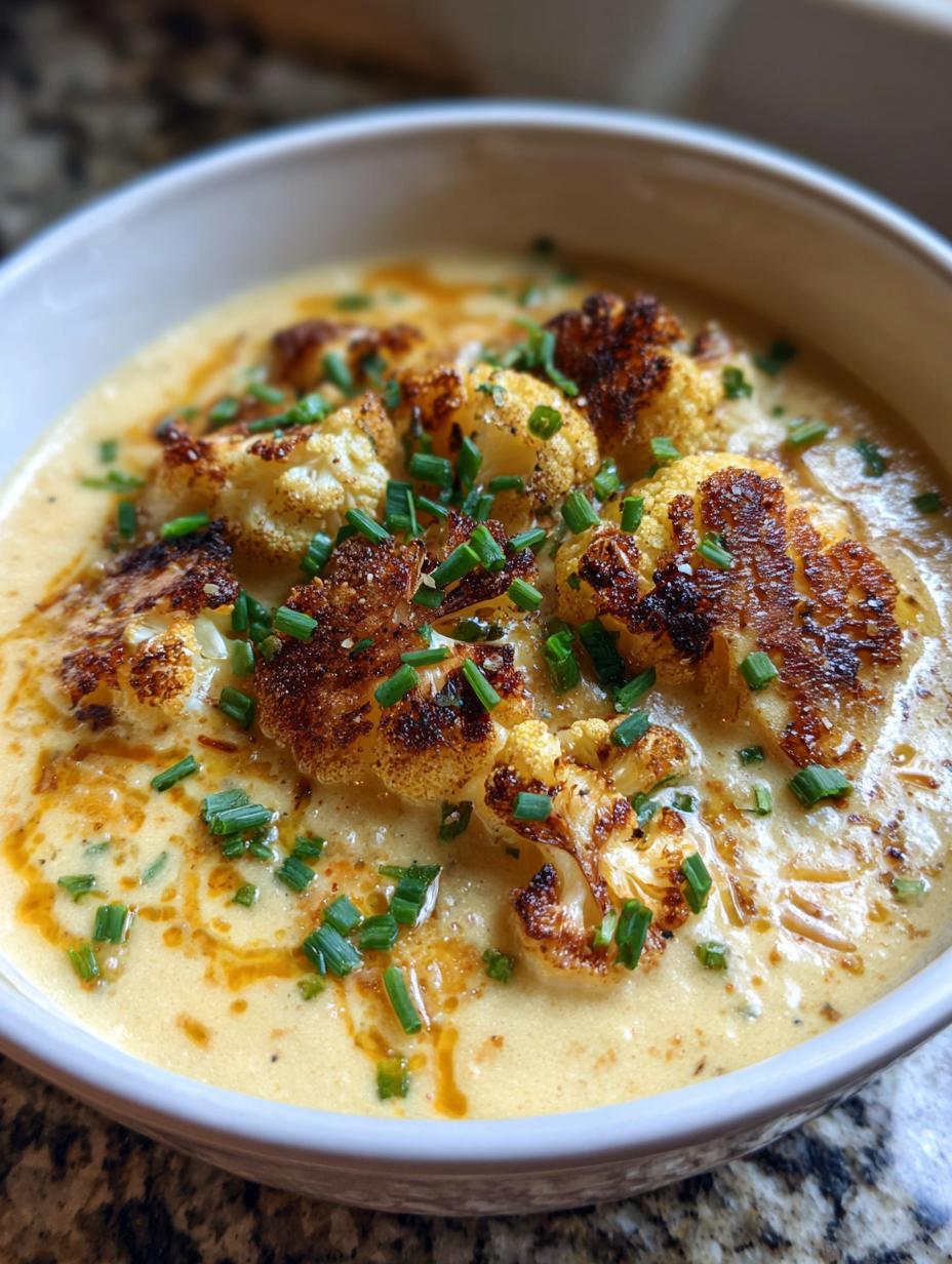 roasted garlic cheddar cauliflower soup - detail 1