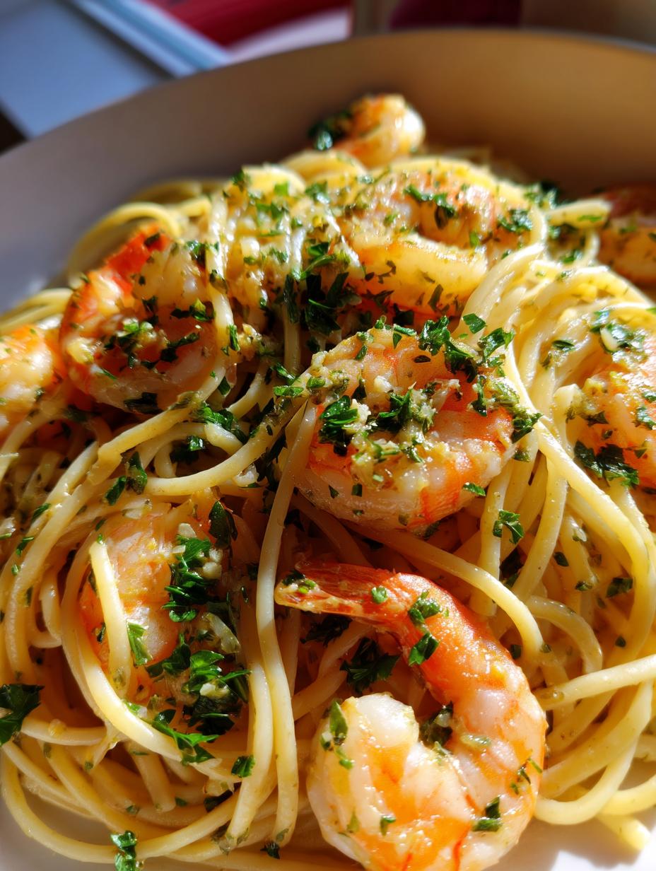 savory garlic butter shrimp linguine - detail 1