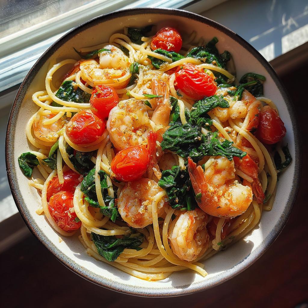 tomato spinach shrimp pasta - detail 1