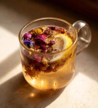 cup of tea with flower and russian text